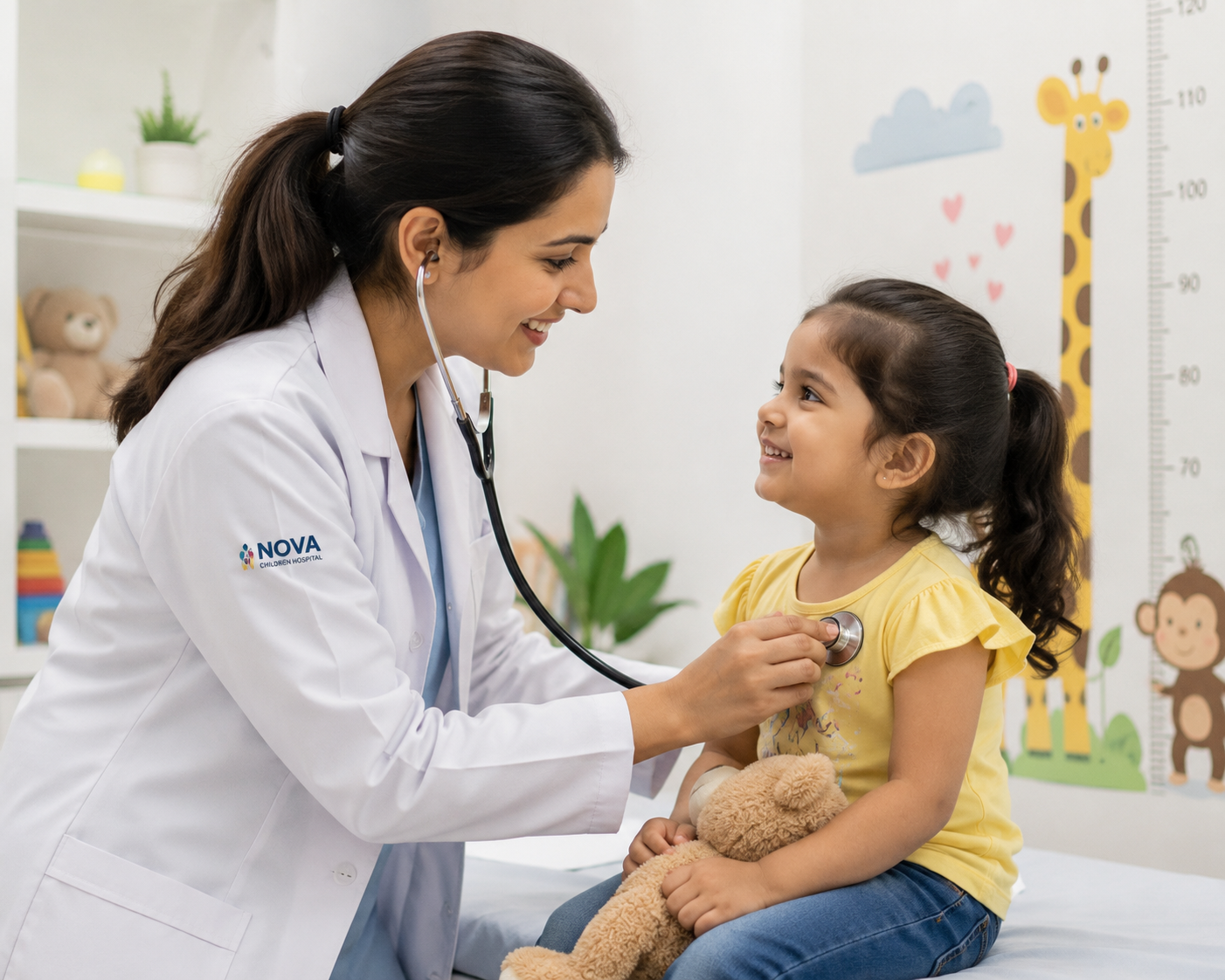 Pediatric doctor caring for a child at Nova Multispecialty Hospital, Palanpur